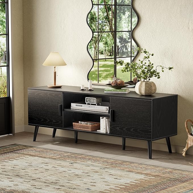 SUPERJARE TV Stand for 55 Inch TV, Entertainment Center with Adjustable Shelf, 2 Cabinets, TV Console Table, Media Console, Solid Wood Feet, Cord Holes, for Living Room, Bedroom, Black