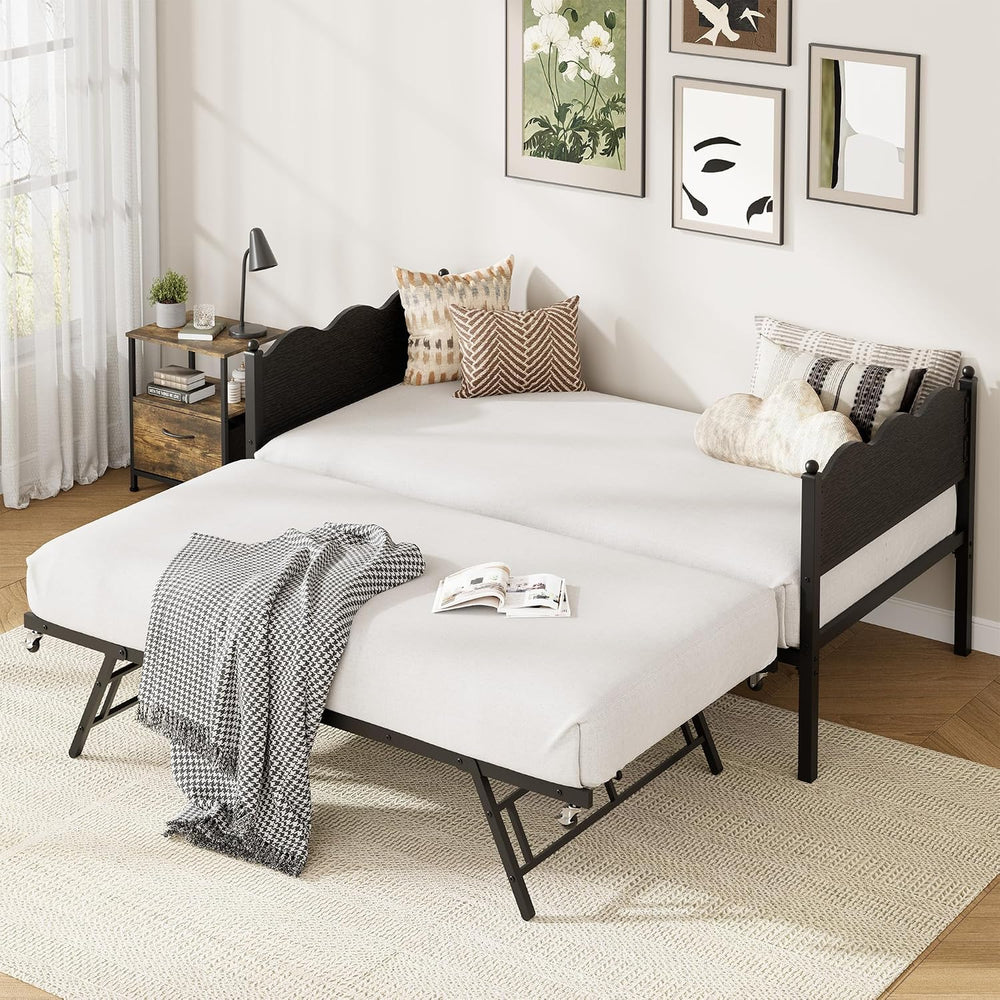 IDEALHOUSE Twin Daybed with Trundle, Day Bed with Industrial Wood Grain Headb...