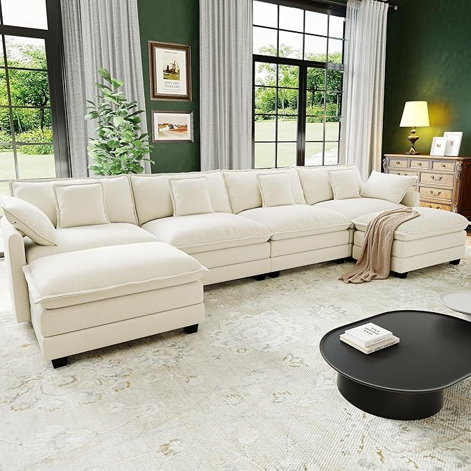 146" Cloud Couch Sectional, U Shaped Modular Sectional Sofa, 4-Seat Deep Seat Couch with 6 Removable Washable Pillows and 2 Ottoman for Living Room, Bedroom, Apartment, Beige