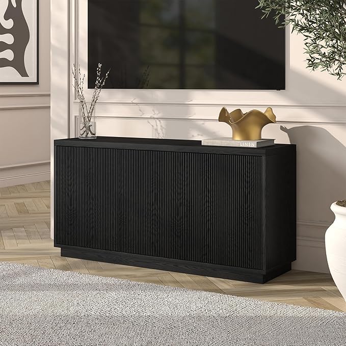 Henn&Hart Fluted TV Stand for TVs up to 55" with 3 Swing Out Ribbed Doors and Adjustable Shelves for Living Room, Family Room, or Office, Natural Black
