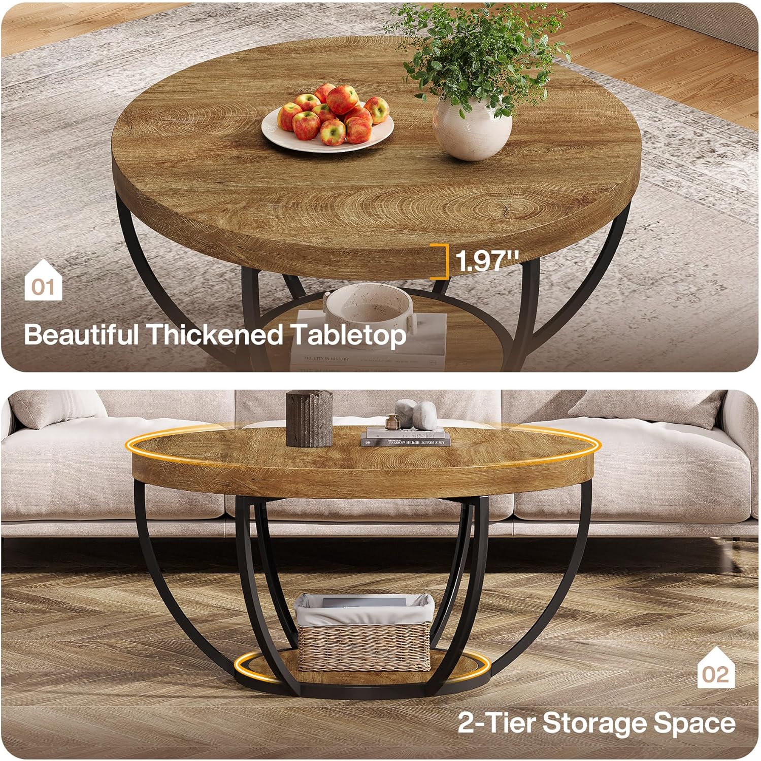 Tribesigns Round Coffee Table, 31.7" Wooden 2-Tier Circle Coffee Table with Storage Shelves, Modern Accent Cocktail Table Center Table for Living Room, Natural Wood Brown