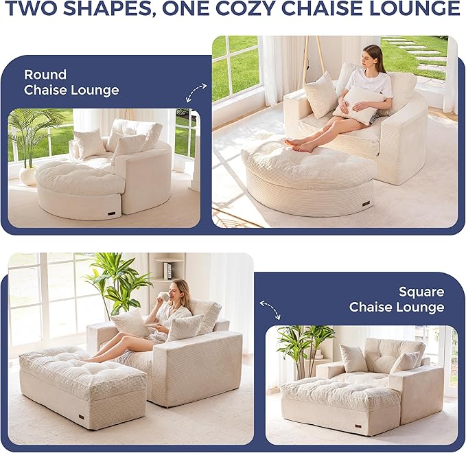 MAXYOYO Modular Sectional Chaise Lounge Sofa, 2 Sets Upholstered Lounge Chair with Ottoman, Comfy Round+ Square Couch with Layered Cushion, Tufted Sleeper Chair for Living Room, No Assembly, Beige