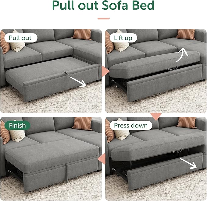 HONBAY Modular Sectional Sleeper Sofa with Pull Out Bed, L Shaped Sofa with Storage, Modular Sectional Couches for Living Room, Warm Grey
