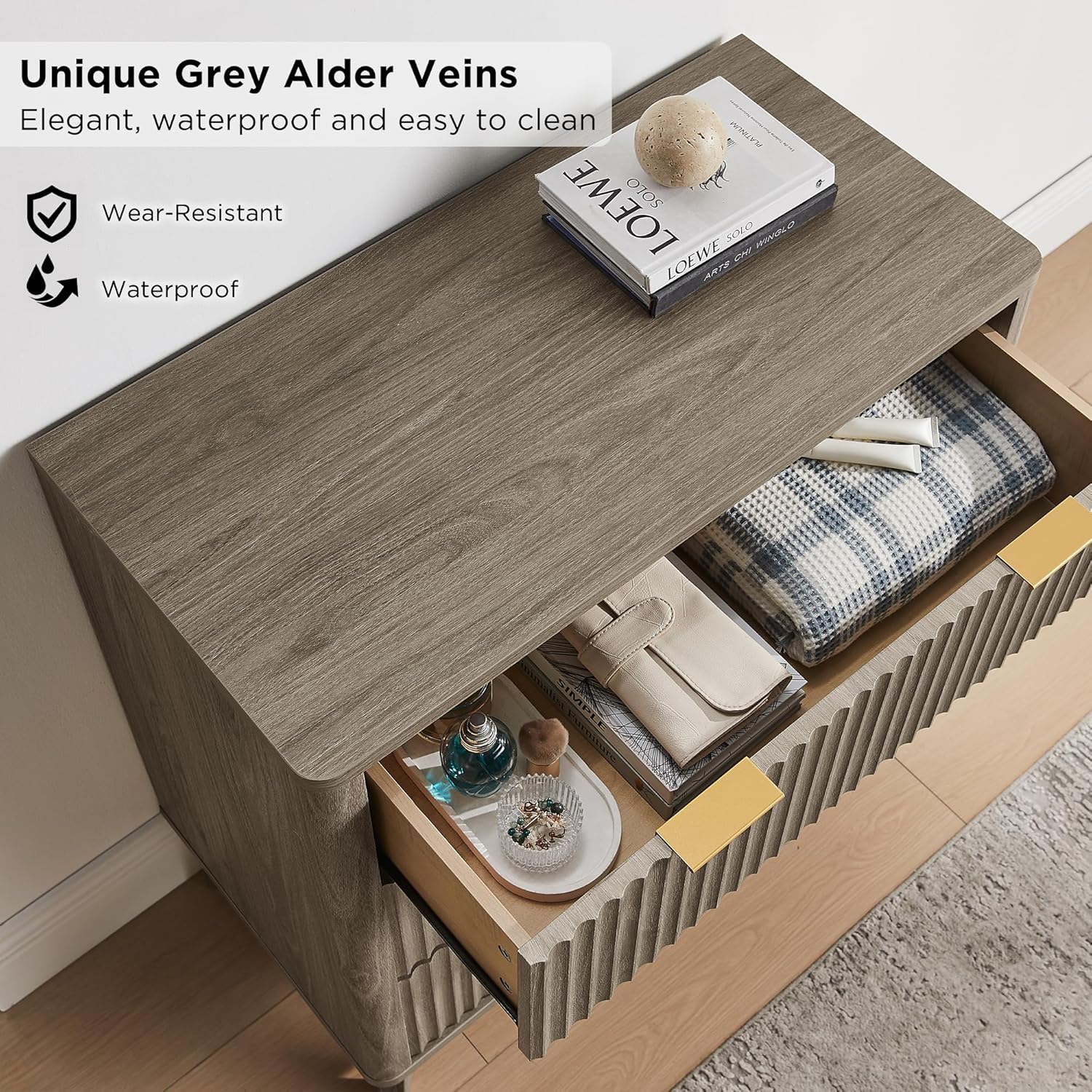 T4TREAM Fluted 3 Drawers Nightstand, Oversized Extra Large Modern Side Table, End Table Bedside for Bedroom, Living Room, Curved Profile Design, Grey Alder