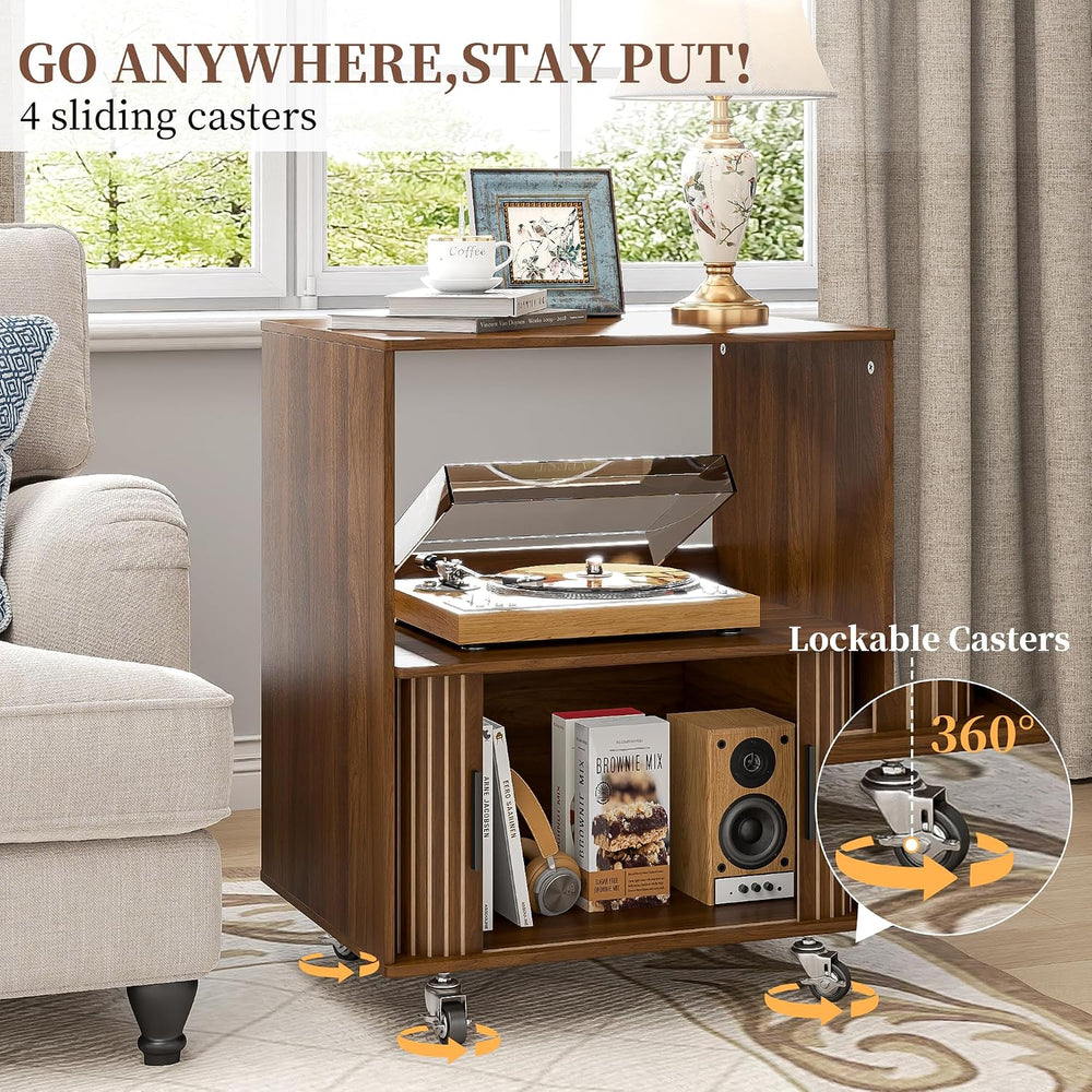 Side Table with Storage, Small End Tables with Sliding Door, Rolling Night St...