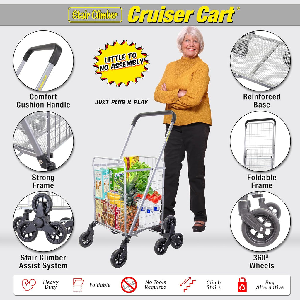 dbest products Stair Climber Cruiser Cart Shopping Grocery Rolling Folding Laundry Basket on Wheels Foldable Utility Trolley Compact Lightweight Collapsible, Silver