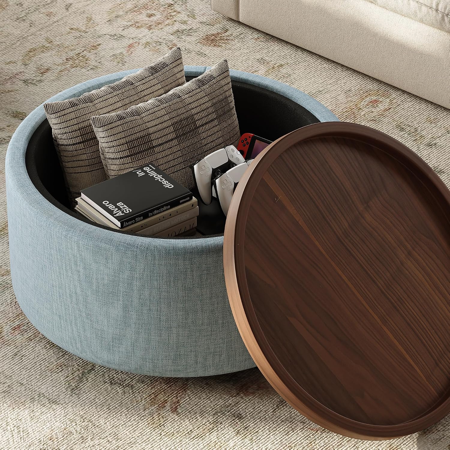 Round Storage Ottoman Coffee Table with Walnut Tray, 30'' Round Ottoman with Storage, Modern Upholstered Coffee Table with with 4 Casters for Living Room, Linen Fabric, Light Blue