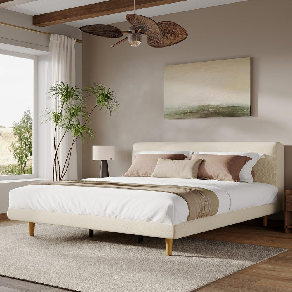 Cal-King Size Upholstered Beige Platform Bed with Chunky Headboard, Modern Fa...