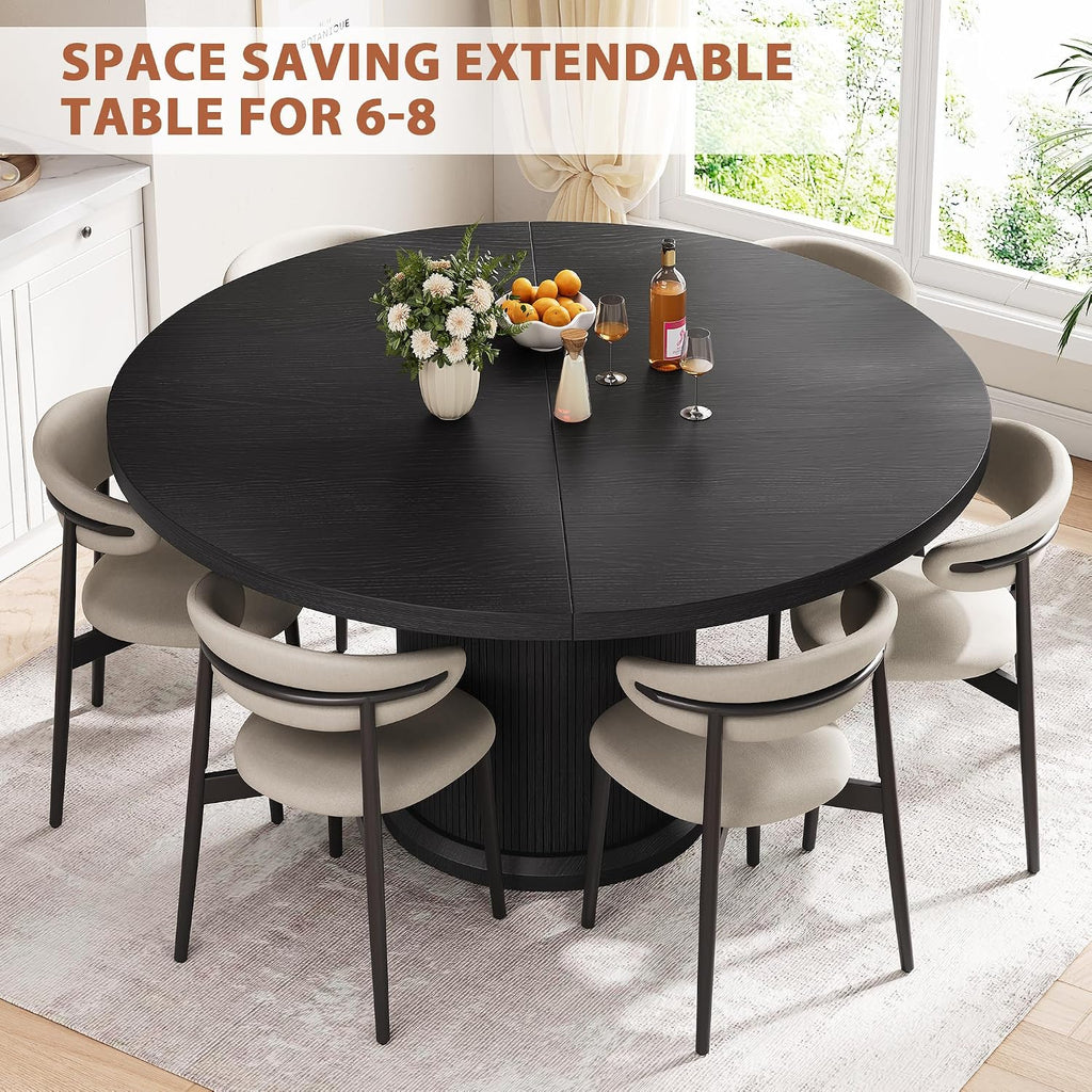 Jocoevol 47″–63″ Extendable Round Dining Table for 4–8 with Dust-Proof 2-Tier Storage Shelf Space-Saving Expandable Dining Room Table Wood Oval Circle Dining Table with Pedestal Base (Deep Black)