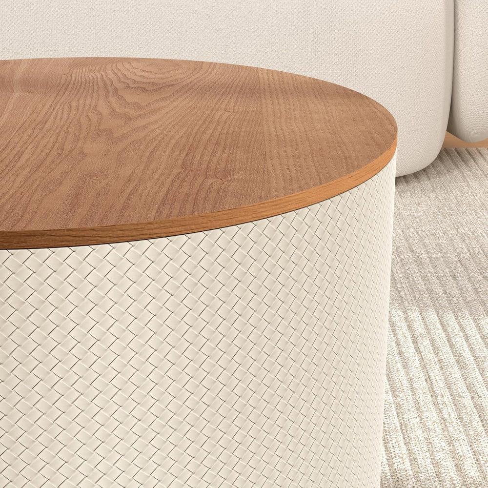 Round Nesting Coffee Table Set of 2 with Hidden Storage | Faux Leather Diamon...