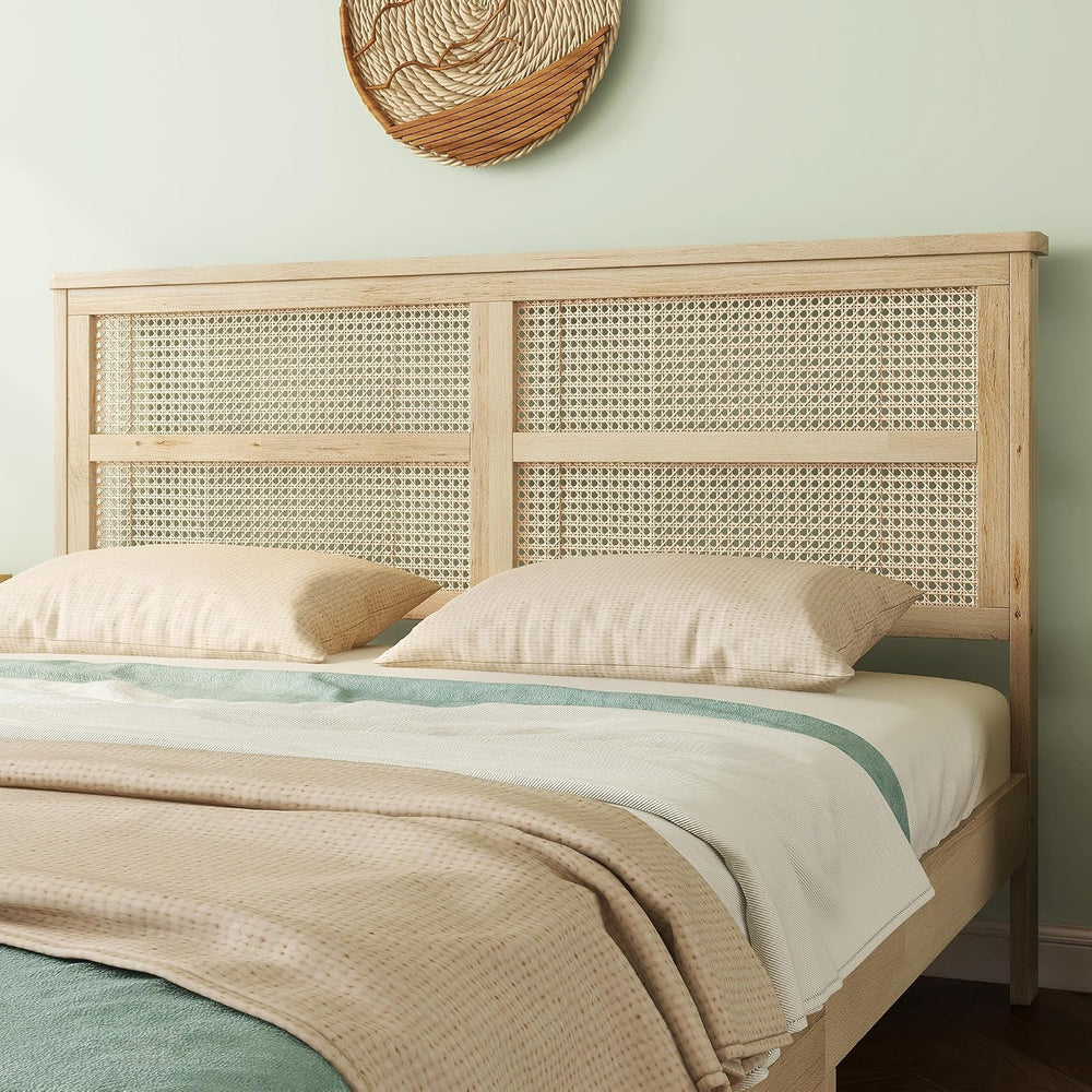 Queen Size Boho Platform Bed Frame with Rattan Headboard