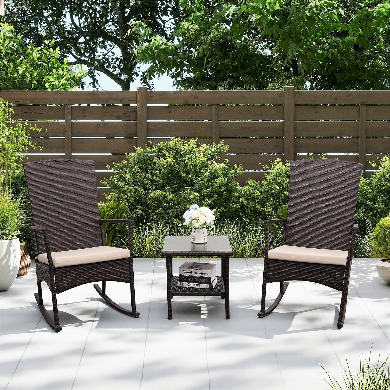 Oasishine Outdoor Rocking Chair 3 Pieces High-Backed Rocking Chair Patio Rocking Chairs Outdoor Table, Khaki