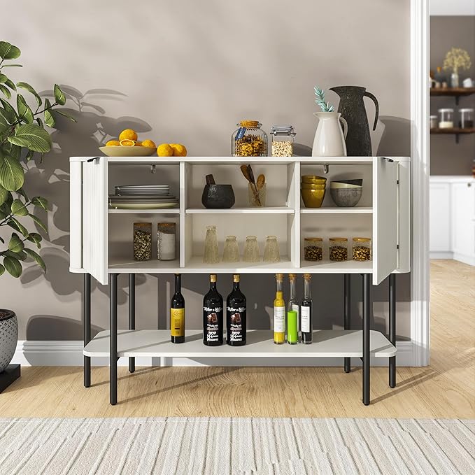 Fluted Console Table with Storage, 47" Long Entryway Table with with 2 Door Cabinets and Open Storage Shelf, Wood Sofa Table Behind Couch for Hallway Entrance Foyer Living Room, White