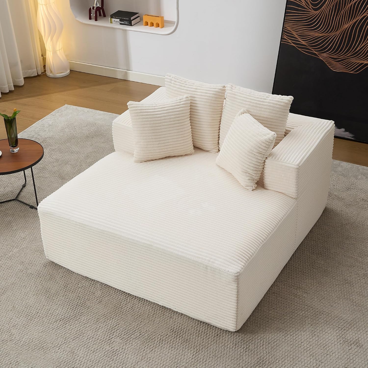 Qulomvs 57" Oversized Chaise Lounge Chair Indoor, No Assembly Boneless Couch, Corduroy Upholstered Sofa Bed, Deep Seat Comfy Reading Chair, Cloud Sleeper Couch for Living Room, Bedroom (Beige)