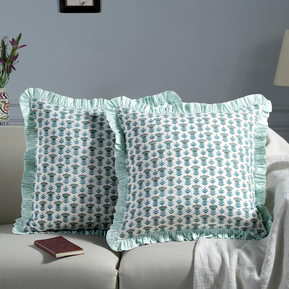 Ridhi Aquamarine Blue Block Print Ruffle Pillow Covers 16x16 Inch Set of 2