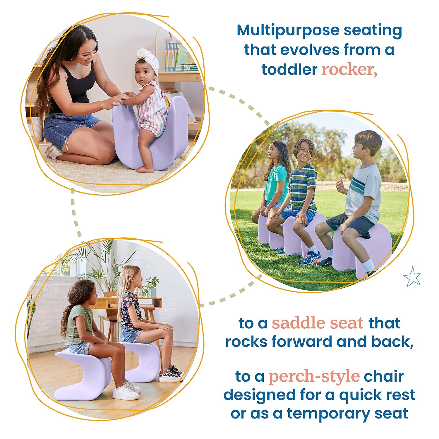 ECR4Kids Wave Seat Perch Stool, 14in - 15.1in Seat Height, Flexible Seating, Light Purple, 2-Pack