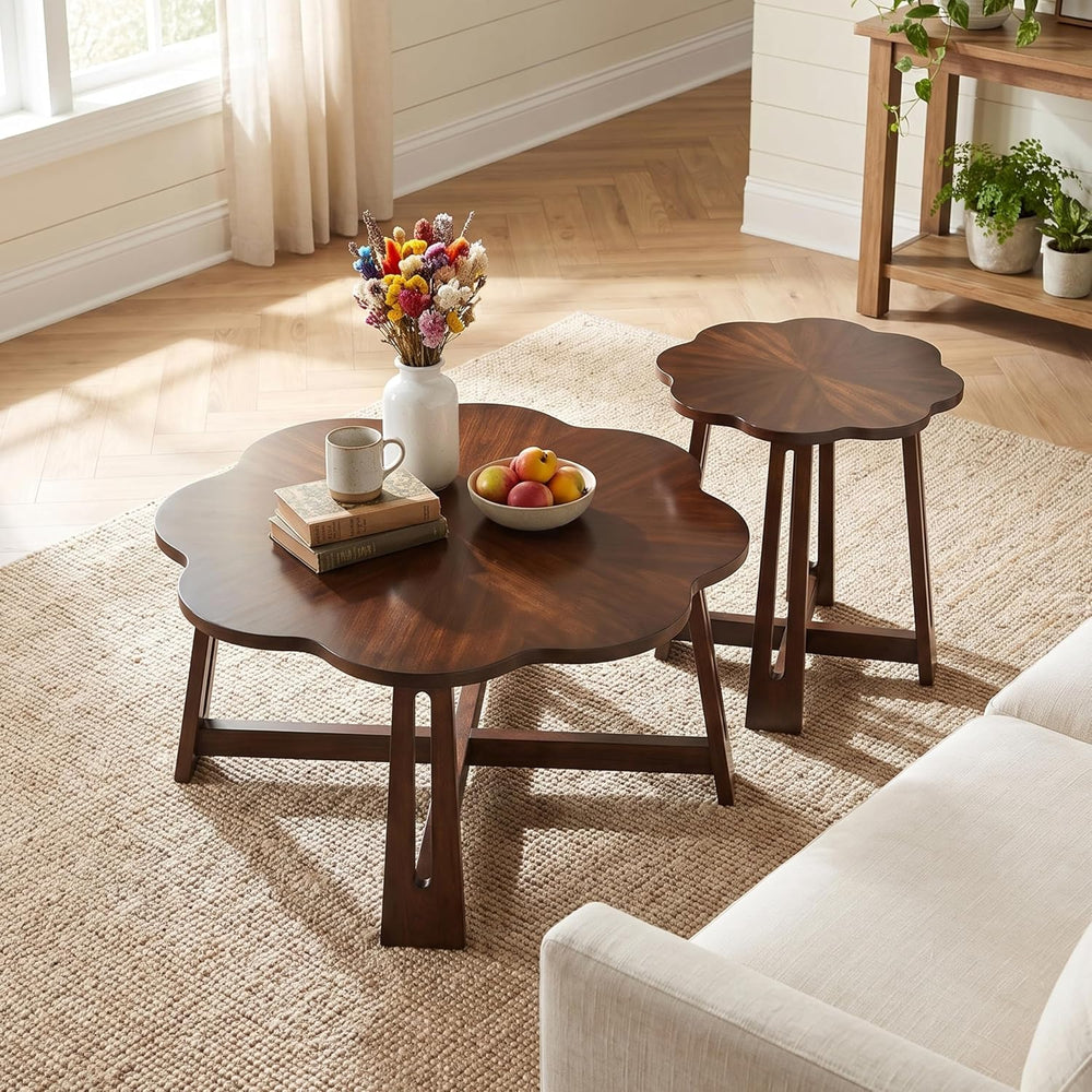 Retro Walnut Wooden Petal-Shaped Nesting Coffee Table Set of 2 | large coffee...