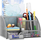 EasyPAG Mesh Desk Organizer with Drawer Multi-functional Pen Holder Stationery Organizer for Office School Supplies 6 Compartments Dorm Organizers and Storage for Desk, Silver