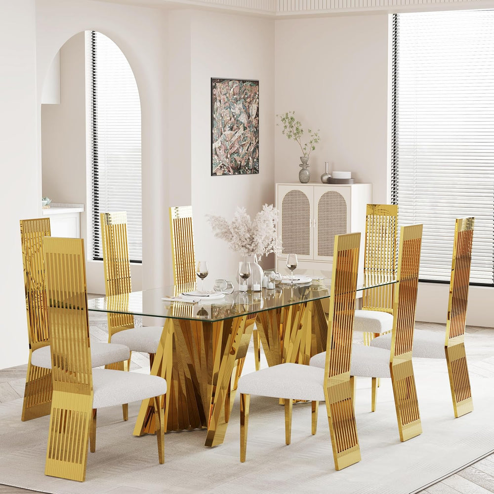 White and Gold Dining Chairs Set of 2, Upholstered Boucle Dining Room Chairs ...