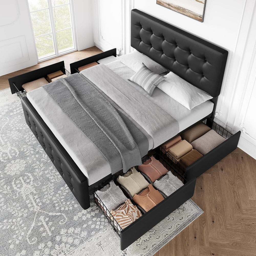 IDEALHOUSE Queen Size Bed Frame with 4 Storage Drawers and Headboard, Black