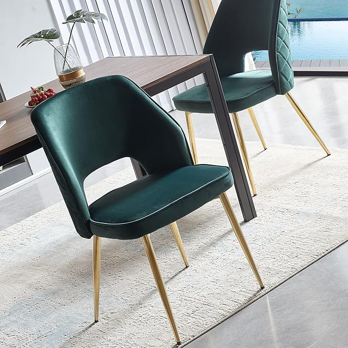 NORDICANA Modern Dining Chair Set of 2, Forest Green Velvet Fabric Upholstered Accent Chairs with Golden Metal Legs, Round Back Side Chairs for Kitchen Living Room Bedroom