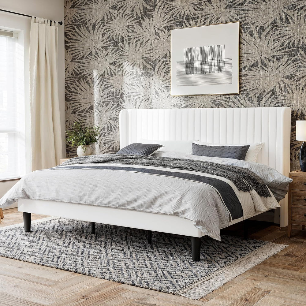 GOLDORO Upholstered King Size Bed Frame with Wingback Headboard, White