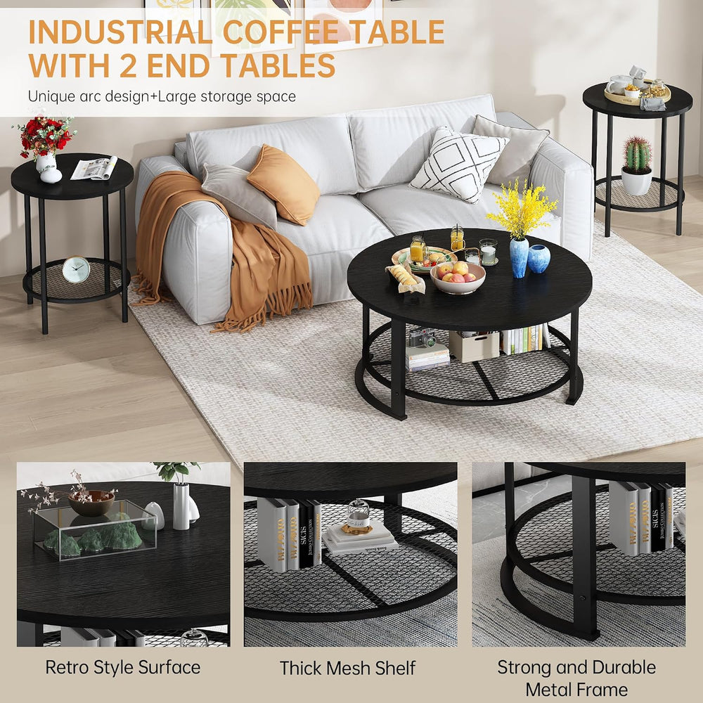 Recaceik Round Coffee Table and End Table Set of 3 with Storage, Modern Vinta...