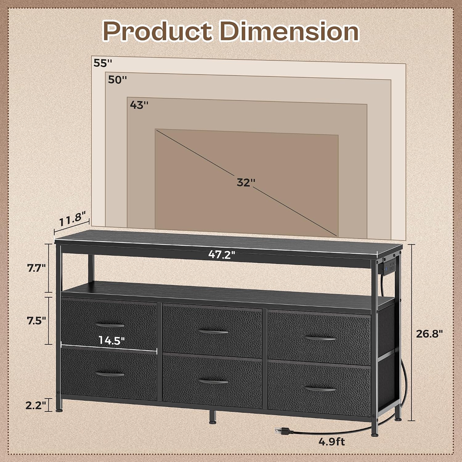 Huuger LED TV Stand for Bedroom, 47 Inch Dresser TV Stand for 43, 50, 55 Inch TV, Black TV Stand with Storage, Entertainment Center with Power Outlets, 6 Drawer Fabric Dresser for Living Room