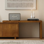 Ball & Cast 63" Mid-Century Modern Extendable TV Stand TVs up to 75", Expandable Media Console with Slatted Doors & Concealed Storage, Wood Grain Entertainment Center for Living Room,Brown Ebony