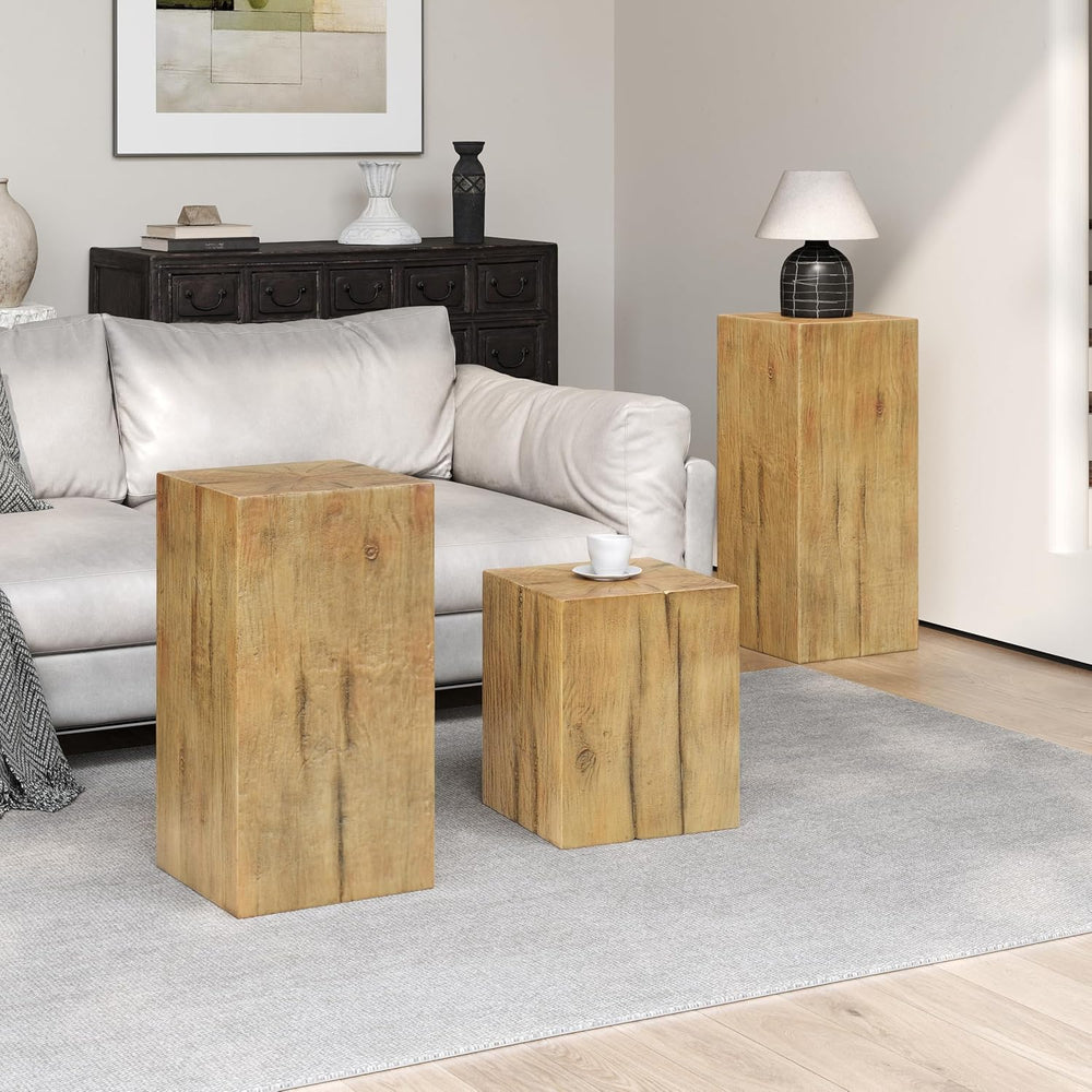 Retro Natural Style Side Table Set of 3,Stackable End Tables,Square-Column MG...