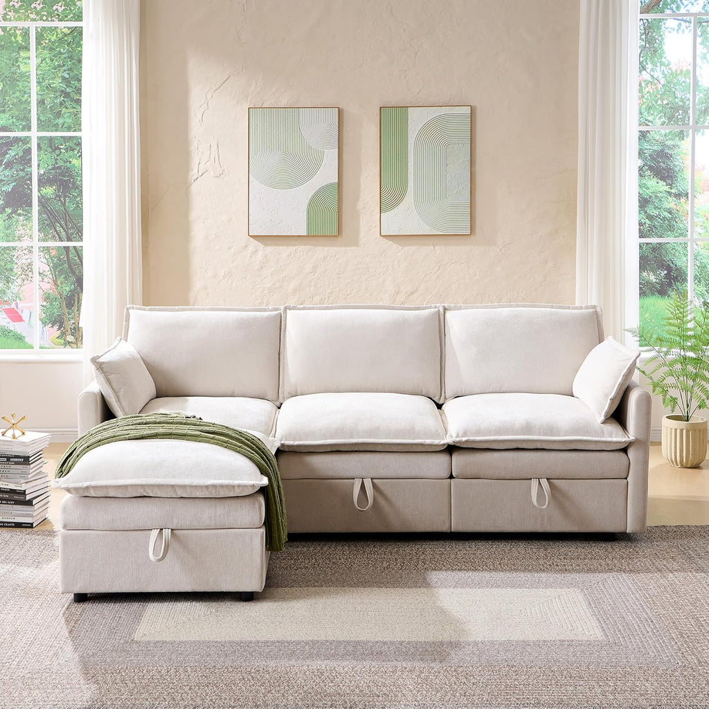 88.98" Sectional Couches for Living Room, Cloud Couch Sectional with Large Storage, L-Shape Modular Sectional Sofa with Ottoman, 4 Seater Chenille Sofa with Pillow for Apartment, Bedroom, Beige