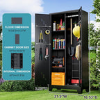 71" Metal Tools Storage Cabinet with Doors and Shelves, Outdoor Storage Sheds with Lock, Black Cleaning Supplies Organization Cabinet with Hanging Rod for Garage, Outdoor,