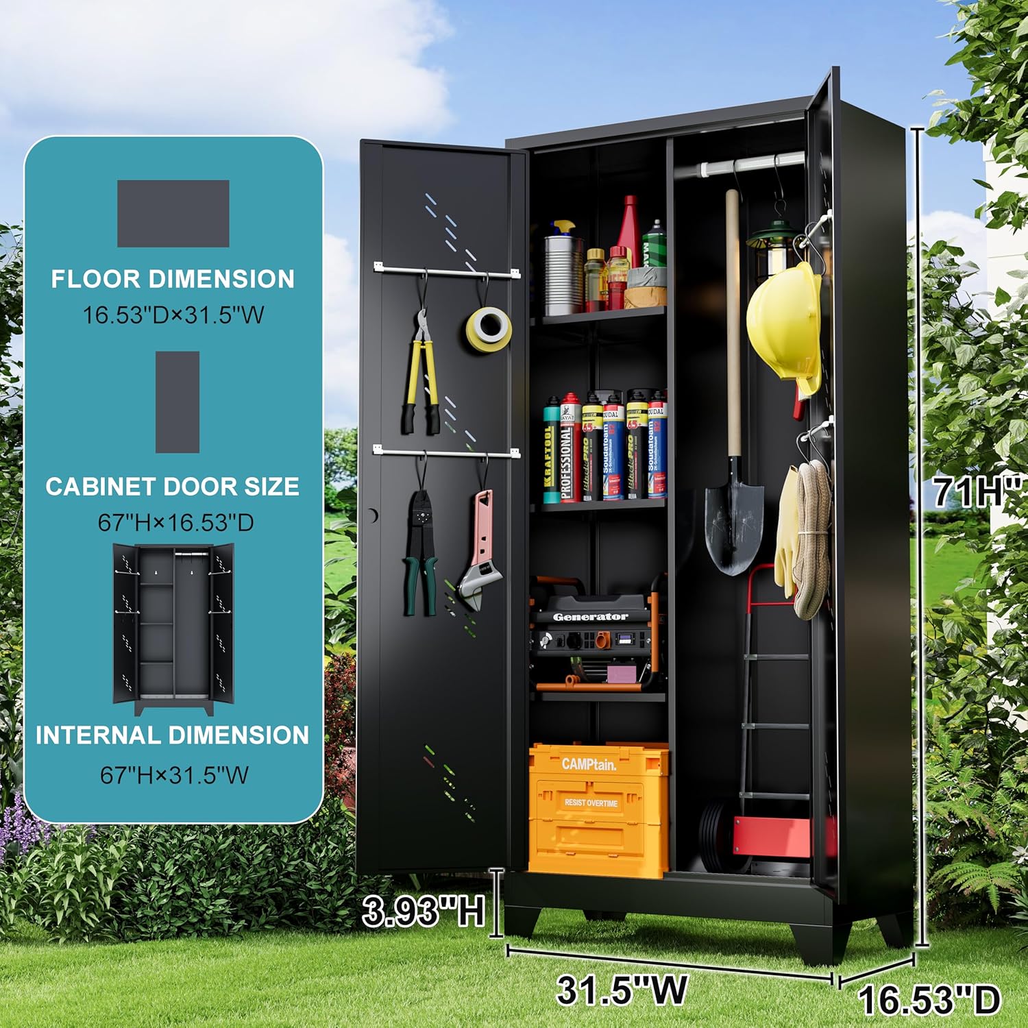 71" Metal Tools Storage Cabinet with Doors and Shelves, Outdoor Storage Sheds with Lock, Black Cleaning Supplies Organization Cabinet with Hanging Rod for Garage, Outdoor,