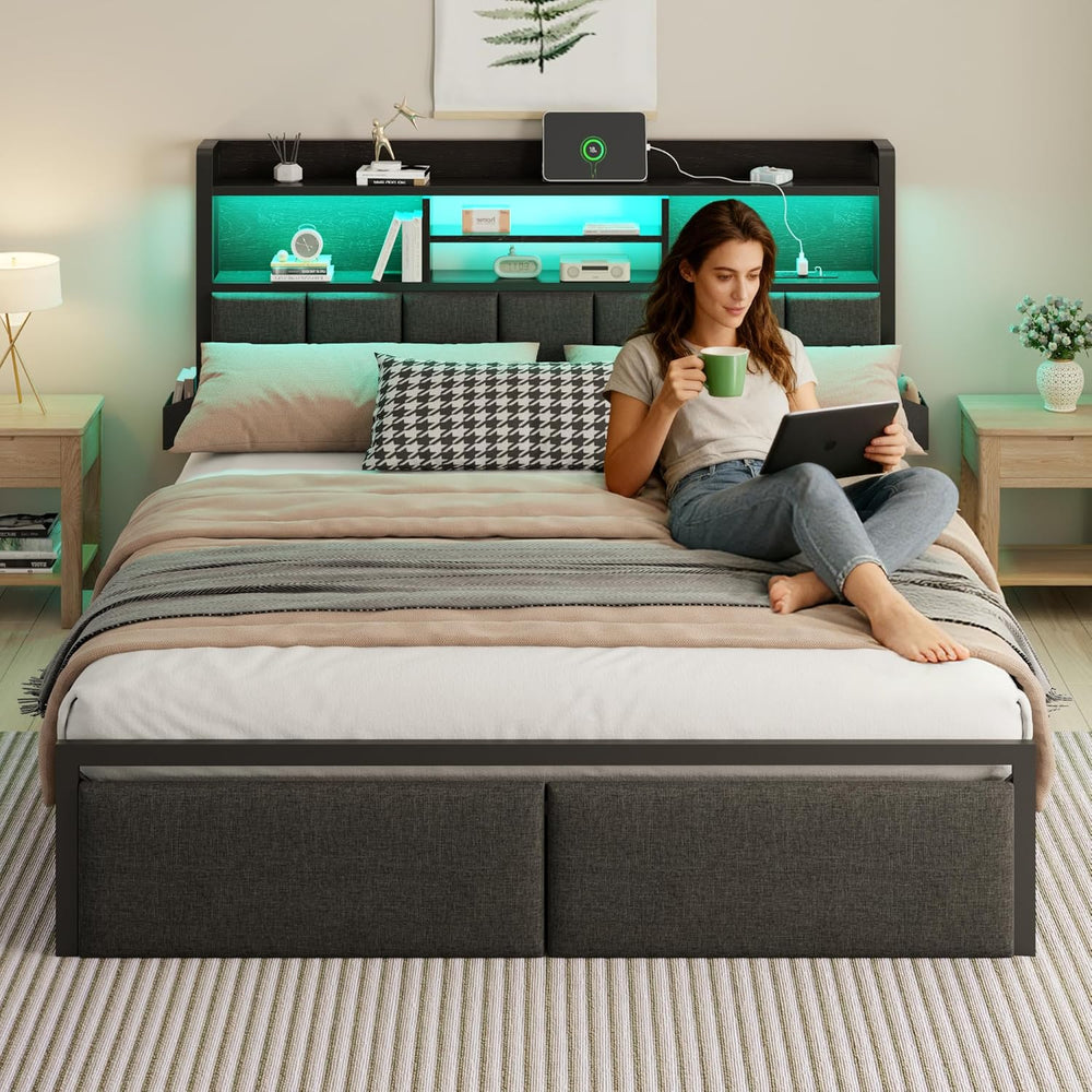 Furnulem Full Size Bed Frame with Headboard, Drawers, Charging Station, LED