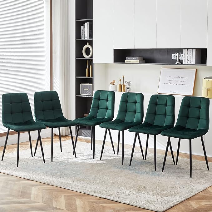 NORDICANA Forest Green Velvet Dining Chairs Set of 6, Upholstered Tufted Kitchen Chairs, Comfortable Seat, Metal Leg, Easy Assembly
