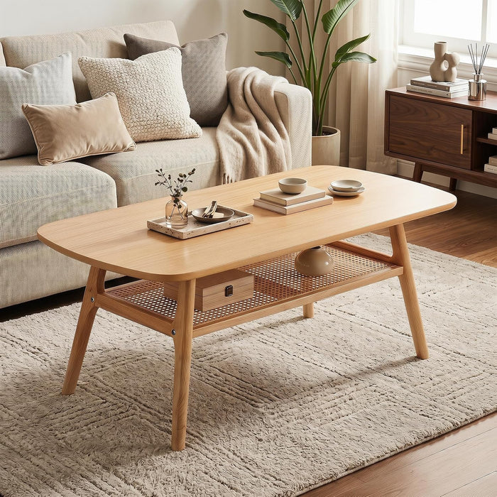 GIANTEX Rattan Coffee Table, 39.5" Wood Coffee Table for Living Room