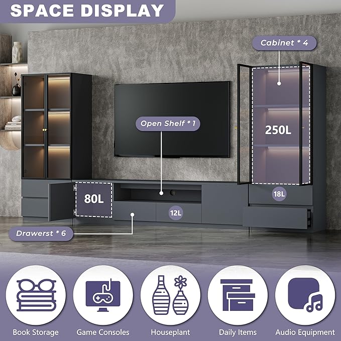 126" Grey Modern Entertainment Center for 55/65/75/85 inch TV, Included TV Stand and Two Glass Display China Cabinet, 3-Piece Lighted Media Console for Living Room (ABA-126 Cabinets Set)