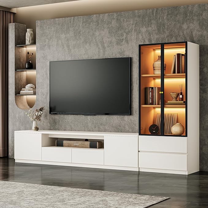 102" White Modern Entertainment Center for 55/65/75/85 inch TV, Included TV Stand and Glass Display China Cabinet, 2-Piece Media Console with Drawers for Living Room (AB-102 Cabinets Set)