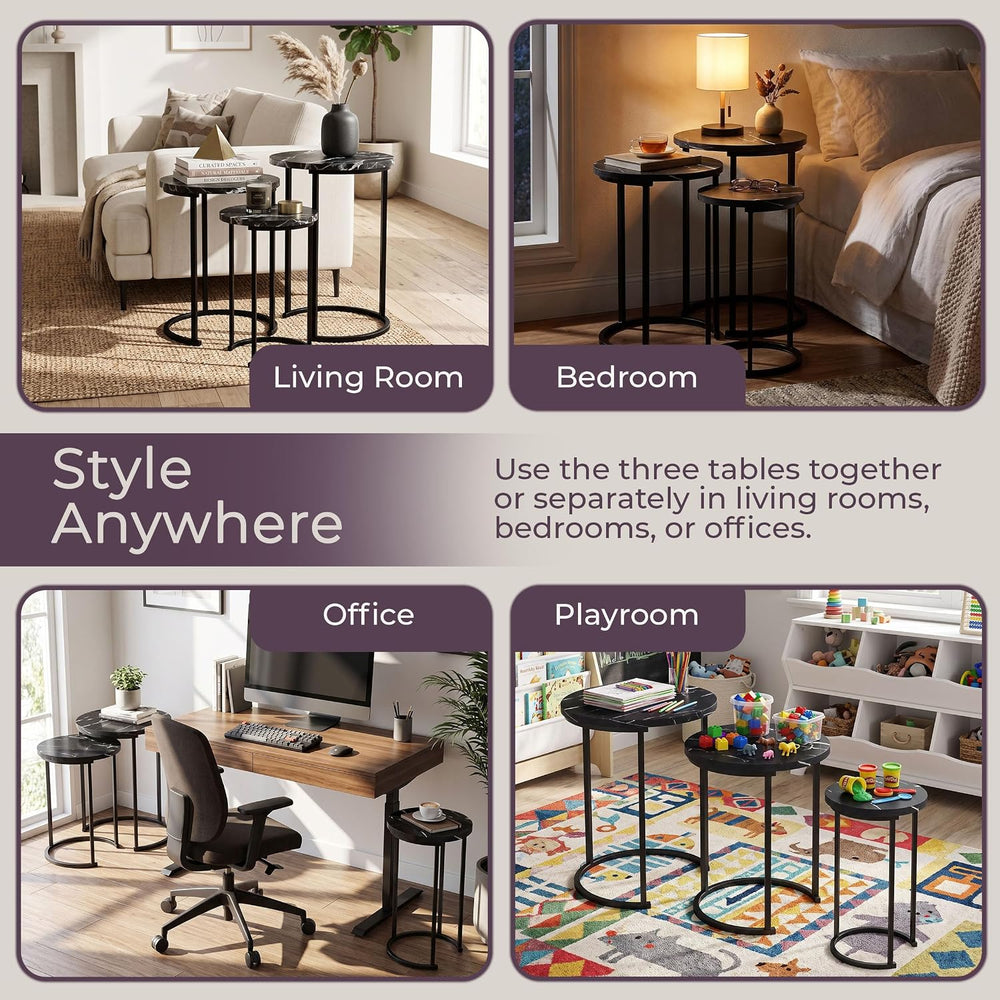 Lavish Home Round Nesting Tables Set of 3, Faux Marble Tabletop, Black