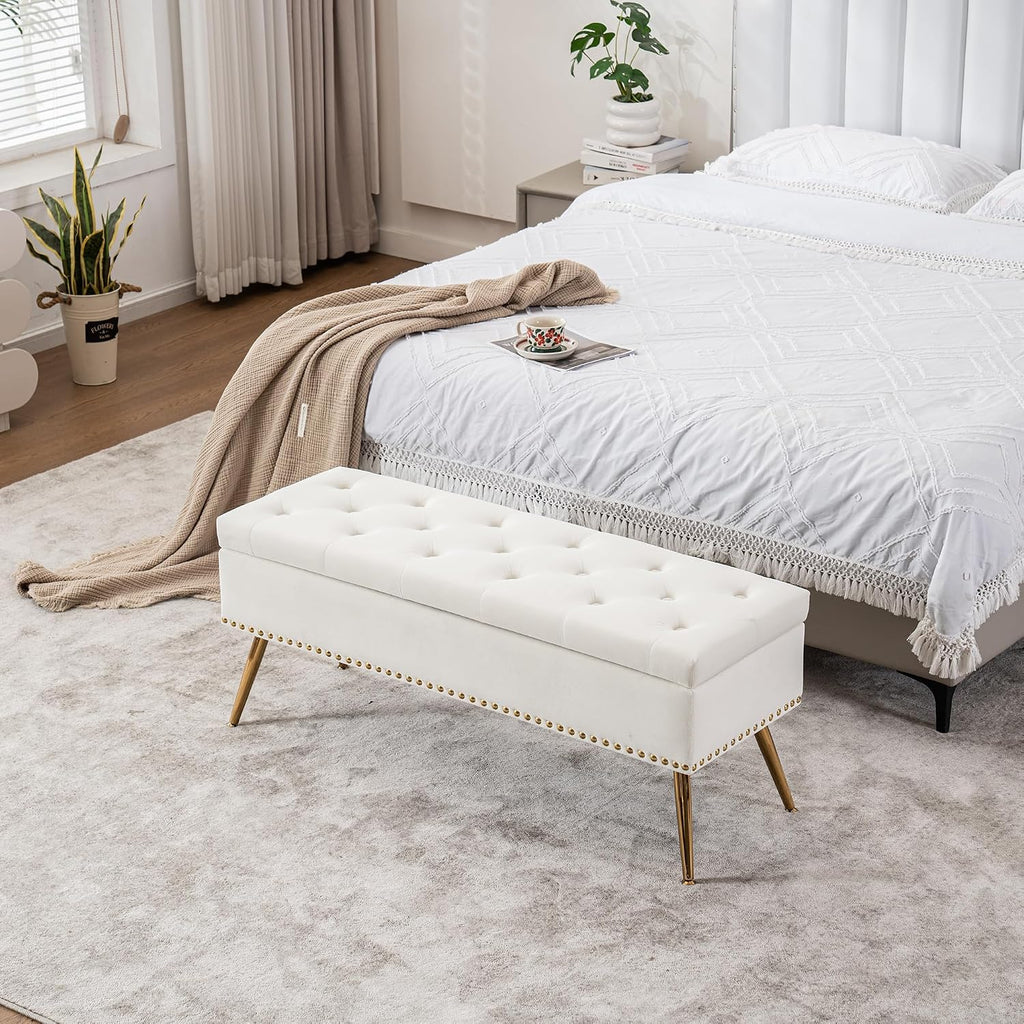 46" Ivory White Velvet Storage Bench with Gold Legs Nailhead Trim | Tufted Ottoman, End of Bed Bench, Upholstered, For Bedroom/Living Room/Window/Entryway/Dining Bench, Modern, Rectangle