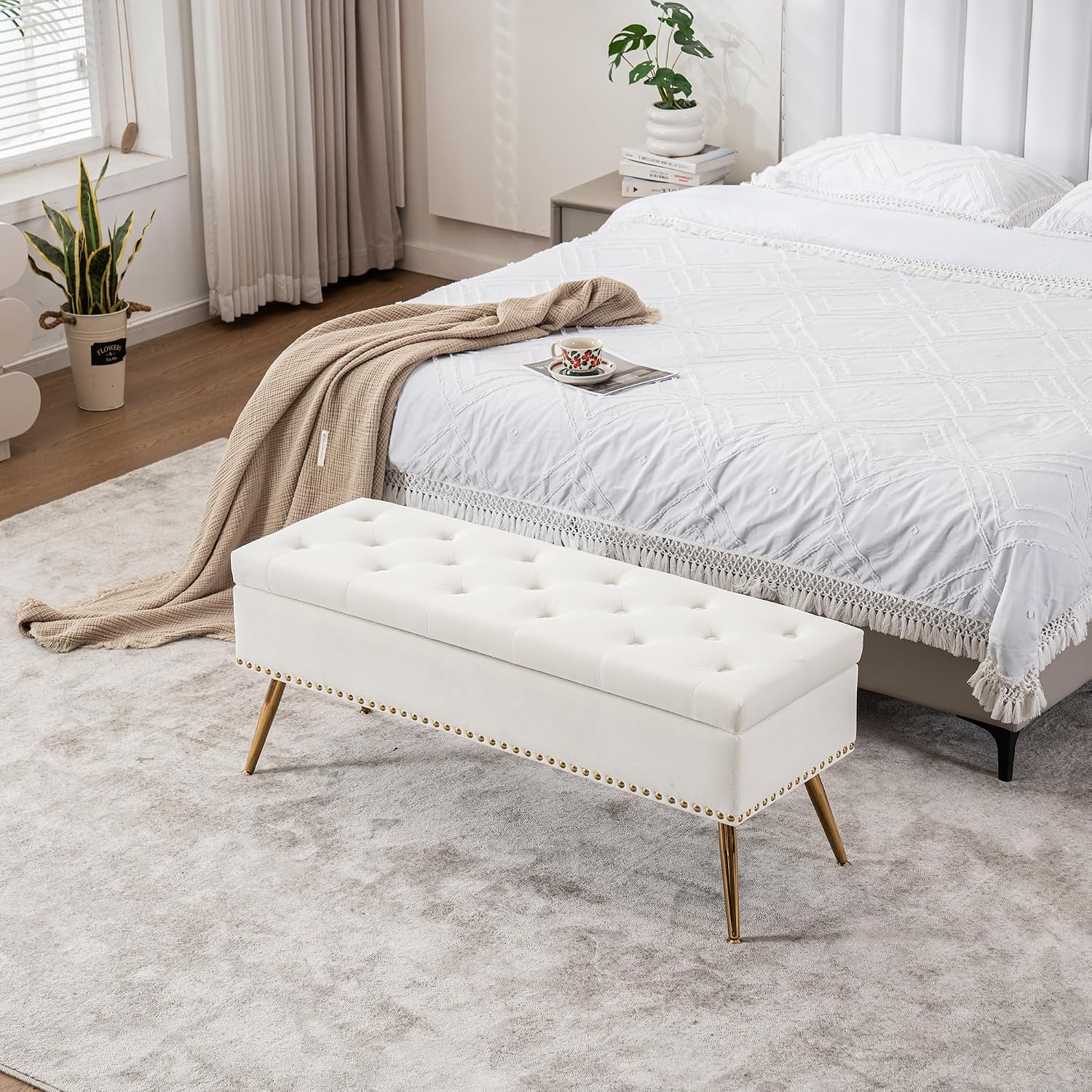 46" Ivory White Velvet Storage Bench with Gold Legs Nailhead Trim | Tufted Ottoman, End of Bed Bench, Upholstered, For Bedroom/Living Room/Window/Entryway/Dining Bench, Modern, Rectangle