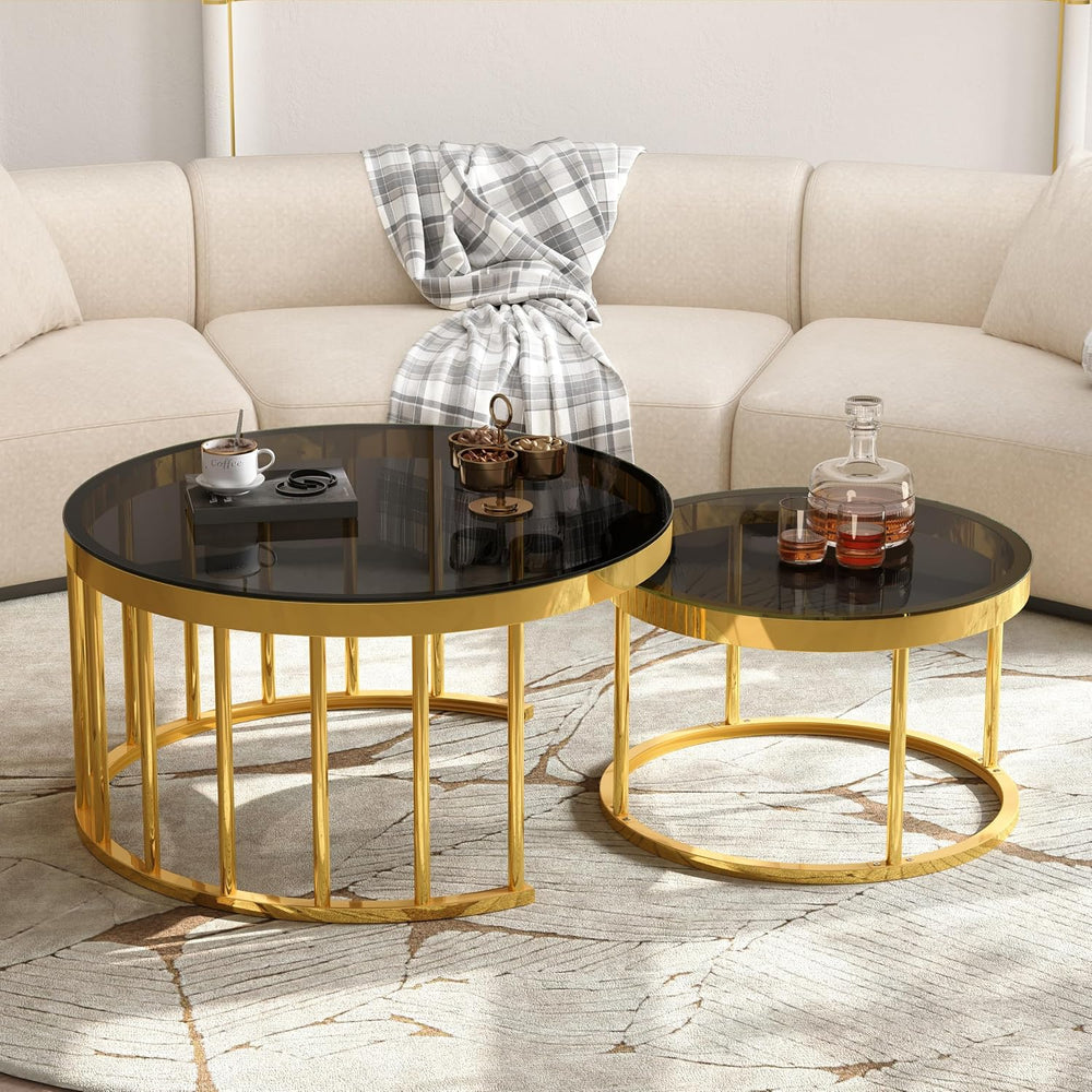 Round Nesting Coffee Table Set of 2 with Gold Frame & Mirrored Top, Black...