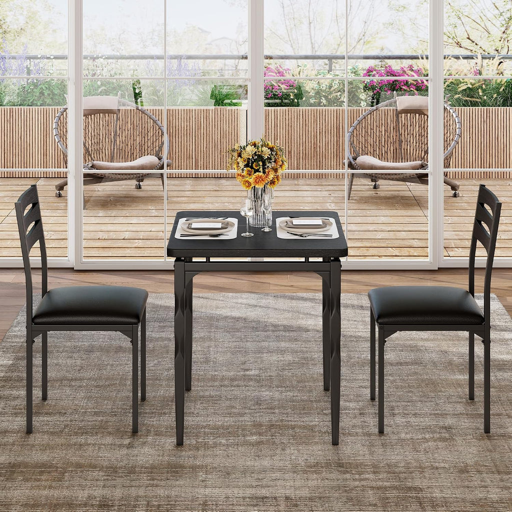 GarveeHome 3 Piece Dining Table Set, Kitchen Table Set for 2, Black | Dining Table and Chairs Set of 2, With Spiral Table Legs, Suitable for Small Spaces, Kitchen, Apartment