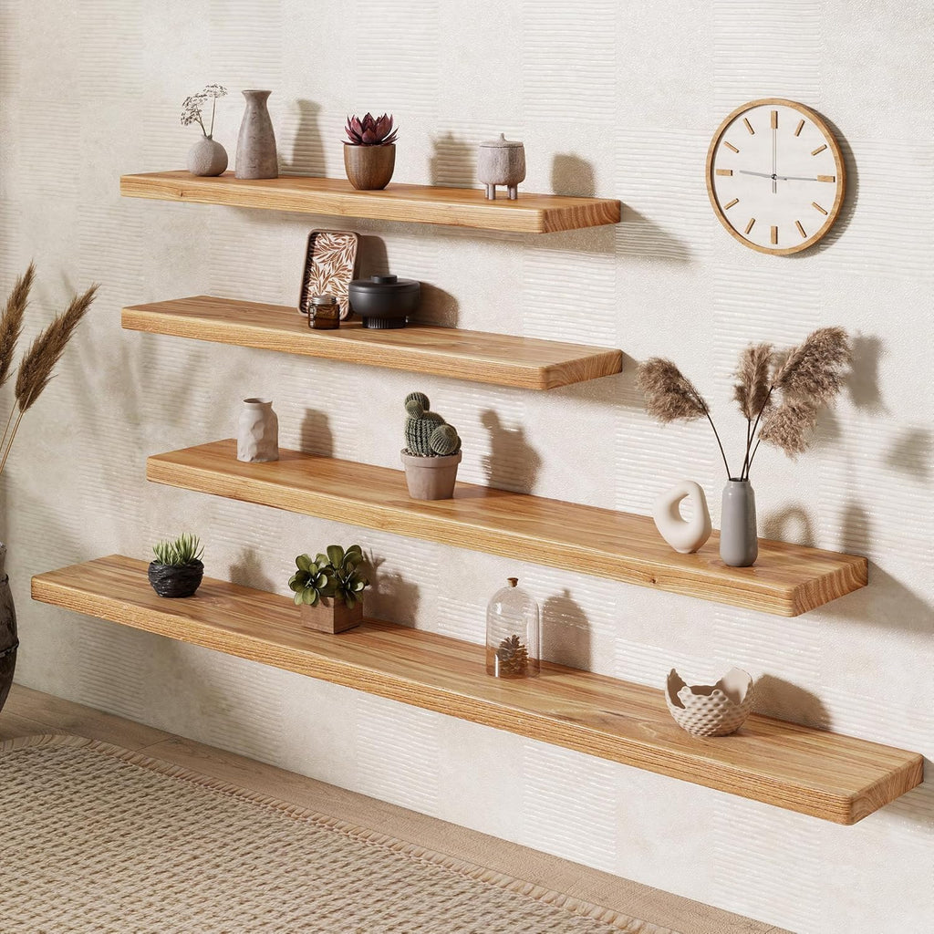 Fun Memories 72 Inch Floating Shelves for Wall, Rustic Solid Elm Wood Shelves for Home Decor, 8 Inch Deep Floating Shelf Wall-Mounted, Heavy-Duty Storage Shelf for Living Room, Bedroom, Kitchen