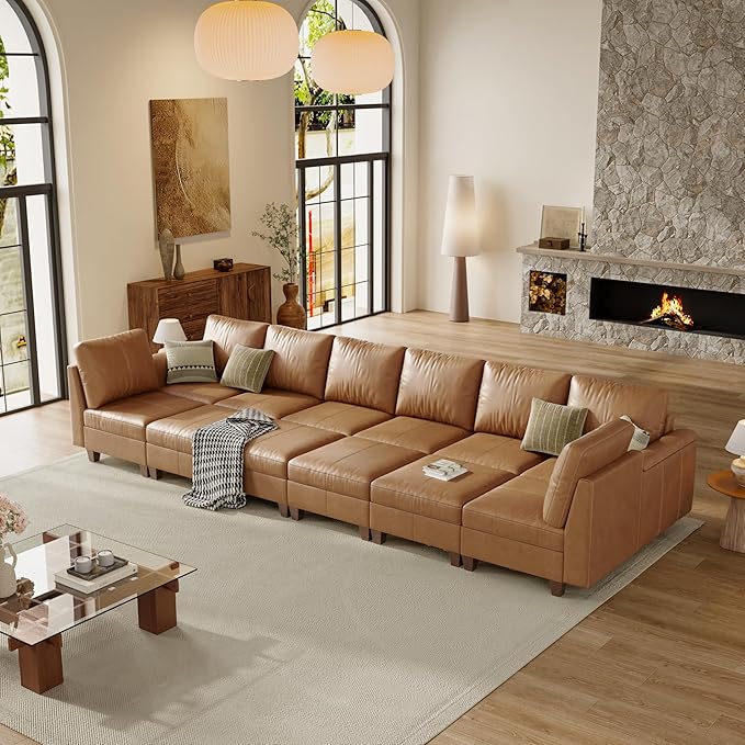 SITJOY 172" Faux Leather Modular Sectional Sofa with Storage, Mid Century Modern Sectional Couches for Living Room, Soft Padded Armrests, Oversized 12 Seat Sofa Bed with Chaise, Brown