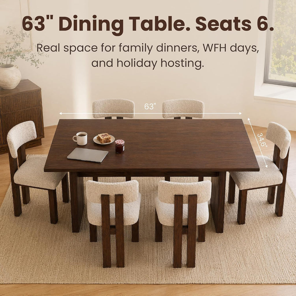 COLAMY 63 Inch Dining Room Table for 4 to 6, Modern Farmhouse Rectangular Kitchen Table with Easy-Care Melamine Surface, Stable Wooden Pedestal Dining Table, Multiple Color Options,Darkbrown