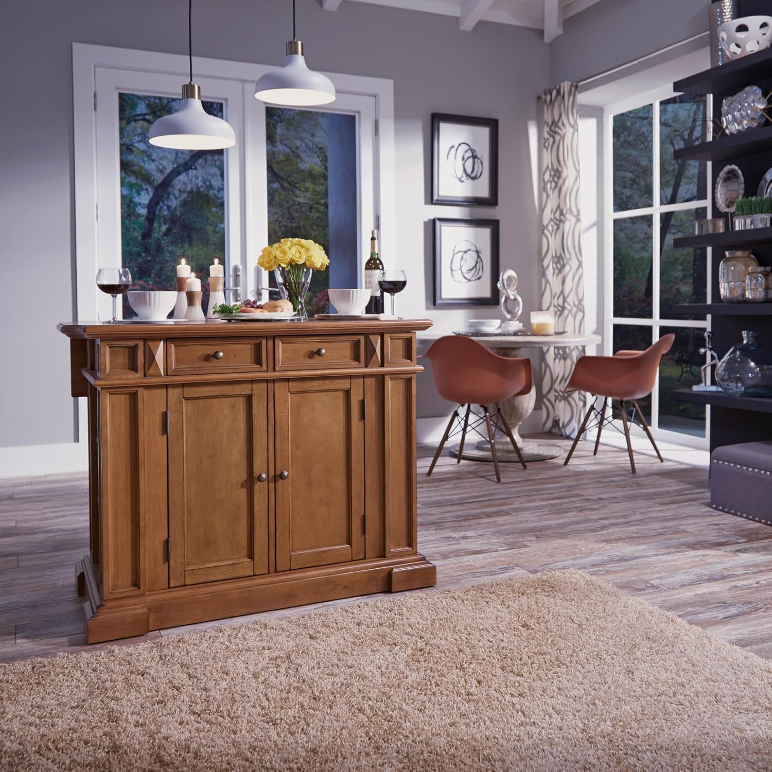 Homestyles Americana Oak Finish Kitchen Island with Wood Drop Leaf Breakfast Bar, 50"W