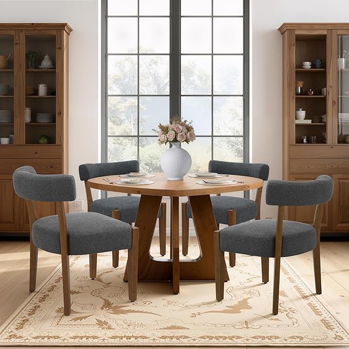 Modern Dining Chairs Set of 8, Walnut Upholstered Kitchen & Dining Room Chairs, Mid Century Wooden Dining Chairs Oversized Sturdy Fabric Rounded Chairs Curved Back, Dark Grey