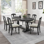 KEIKI Retro 7-Piece Wooden Dining Table Set for 6 Person, Vintage Style Table Set with Extendable Curved MDF Wood Grain Table and 6 Upholstered Chair, Easy Assembly, for Kitchen, Dining Room, Dark Oak