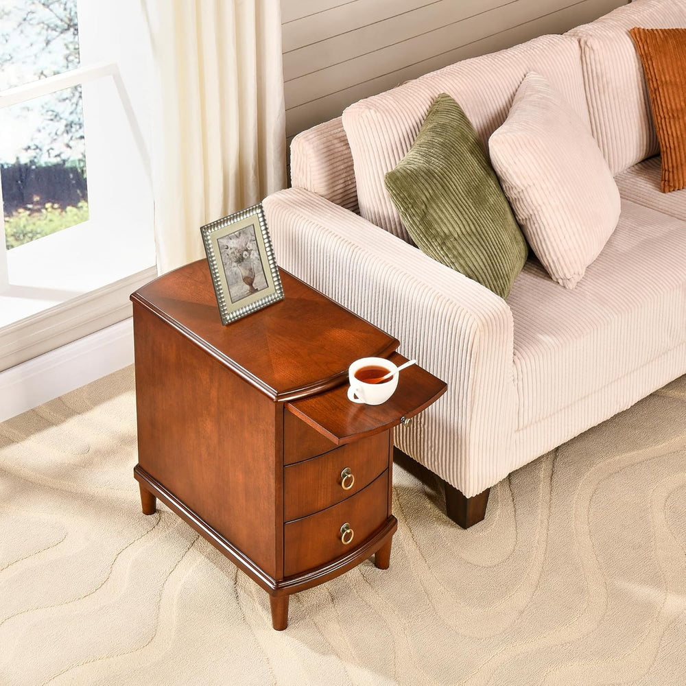 Solid Wood End Table with 3 Drawers, Cherry Red American Style Beside Table w...